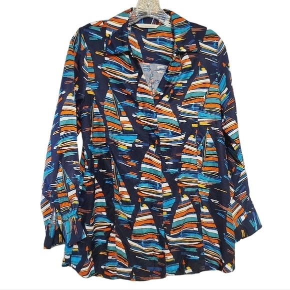 Soft Surroundings | Women's Sail Away Navy Blue Sailboat Blouse (Petite Small) - Picture 1 of 10